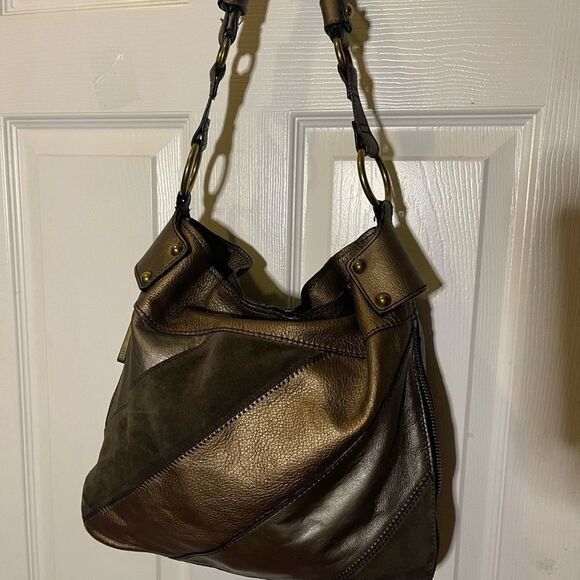 Fossil Patchwork Bronze​ ,Brown Suede Leather Medium Shoulder Handbag . - Picture 6 of 11